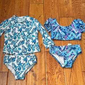 2 Lilly Pulitzer toddler swimsuits: Blue/Pink bikini & 2 piece Rashguard Set